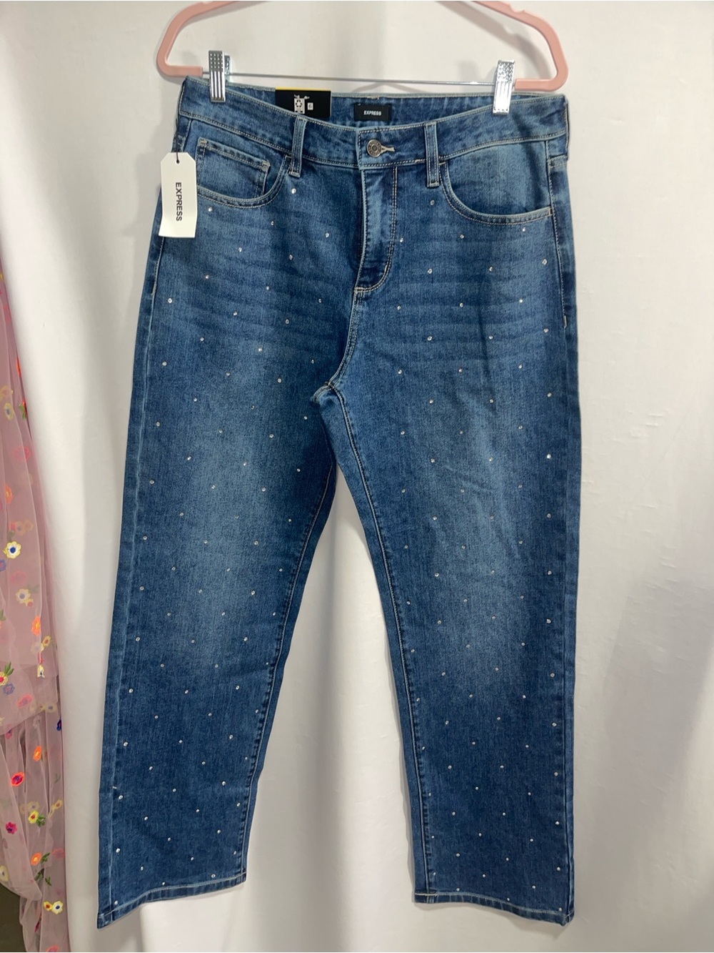 Express woman’s Blue Slim Straight Jeans with Stud Embellishments
